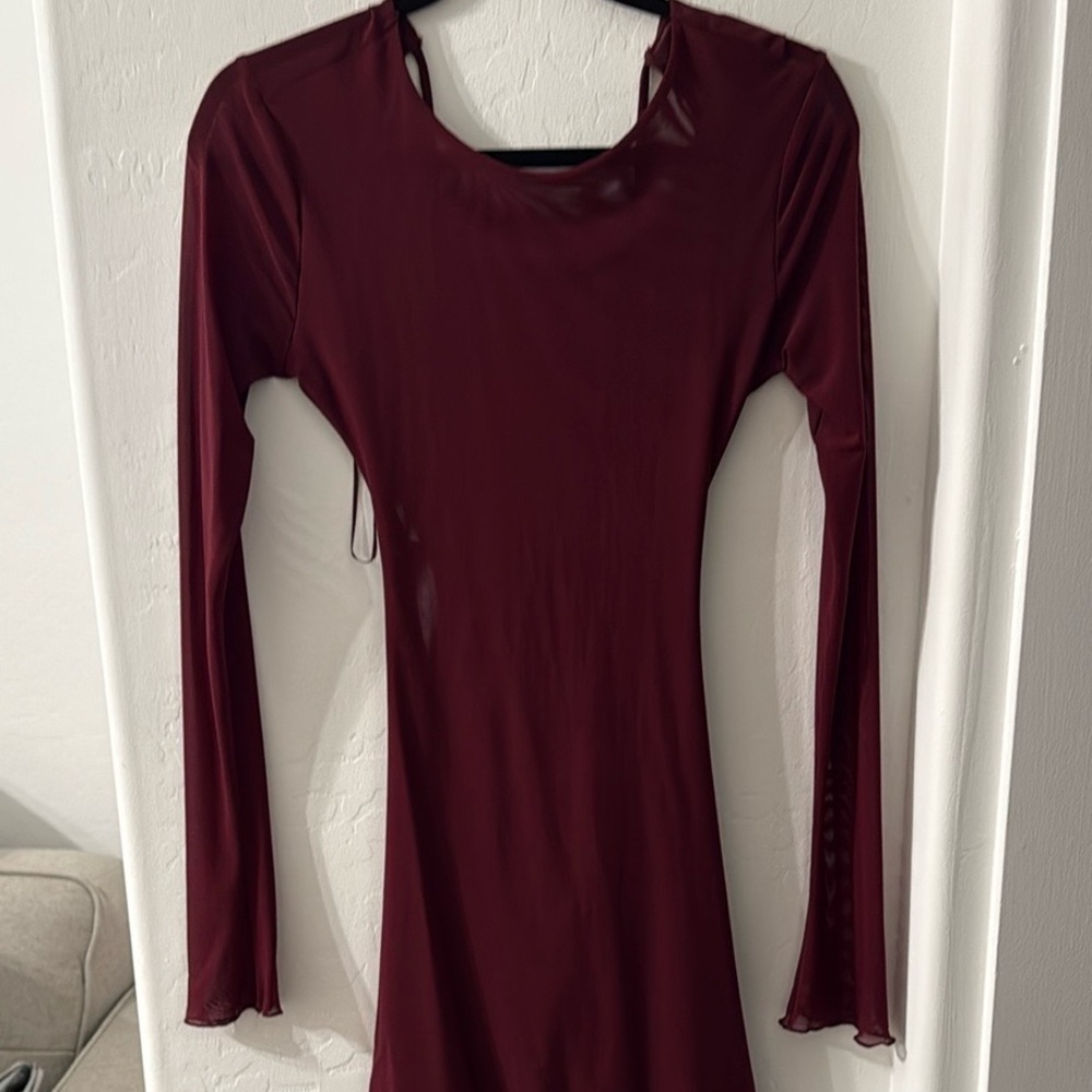 Red Ruched Long Sleeve Mini Dress - Picture 3 of 6